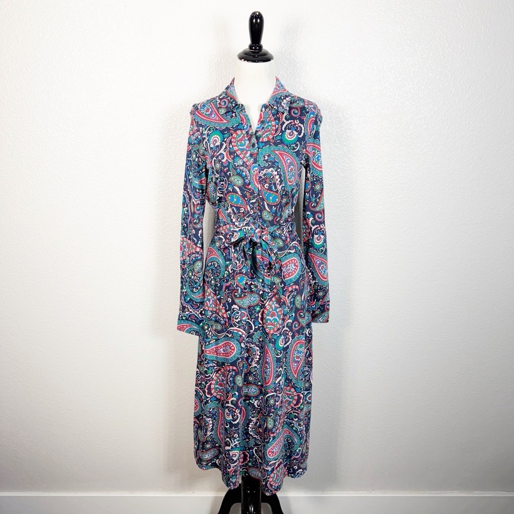 Boden Size 2R Laura Long Sleeve Midi Shirt Dress Paisley Tencel Cotton Modest